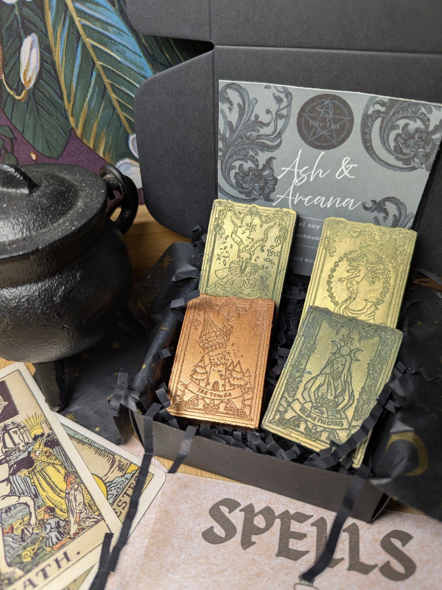 Ash & Arcana | Witchcraft Tarot Wax Melts. Highly Fragrance with Sandelwood and Amber. Includes one Bronze Limited Edition Jesmonite Tarot Card.