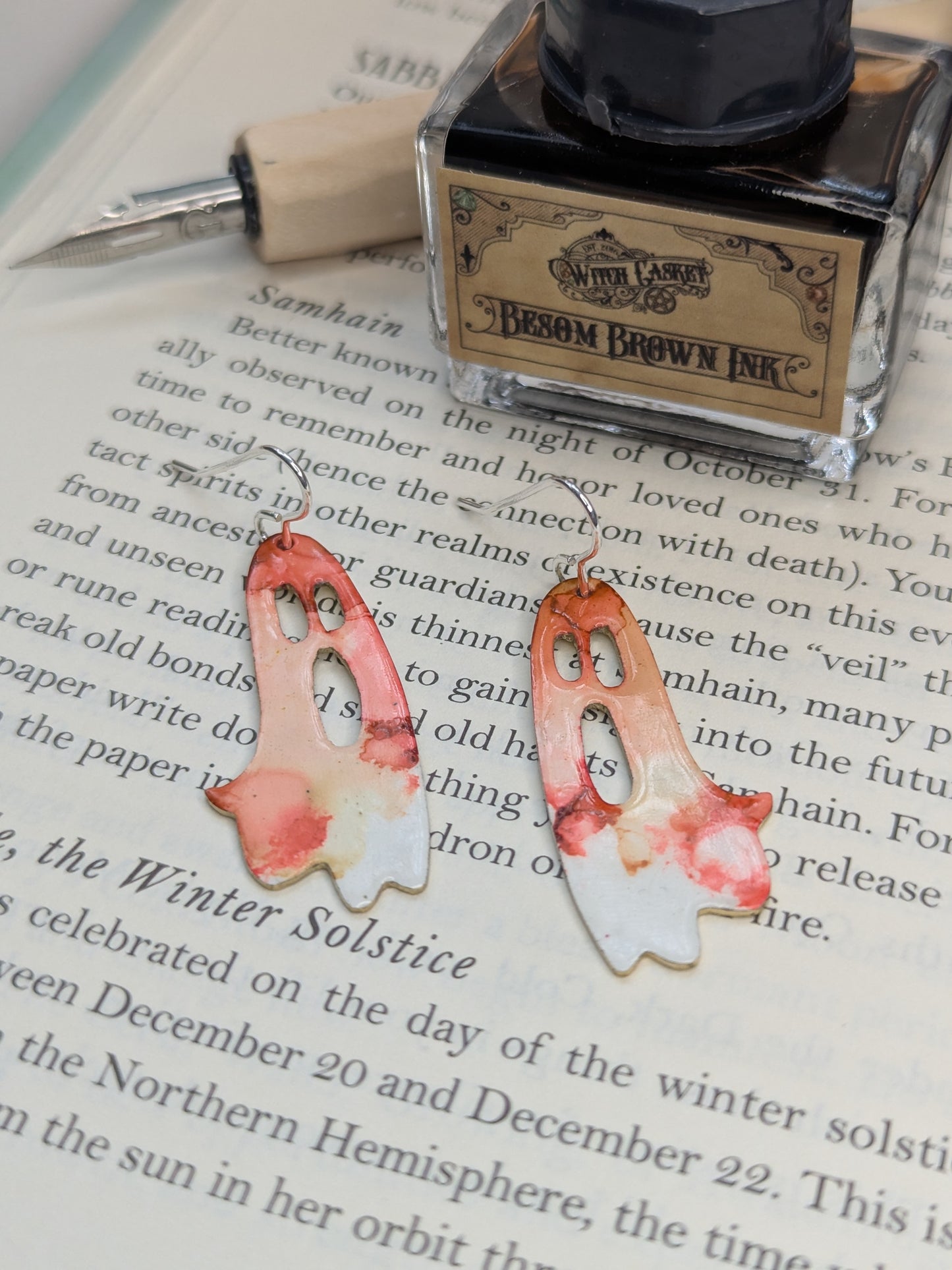 Enamel Ghost Earrings: Handmade Sterling Silver Hooks, Gothic Jewellery