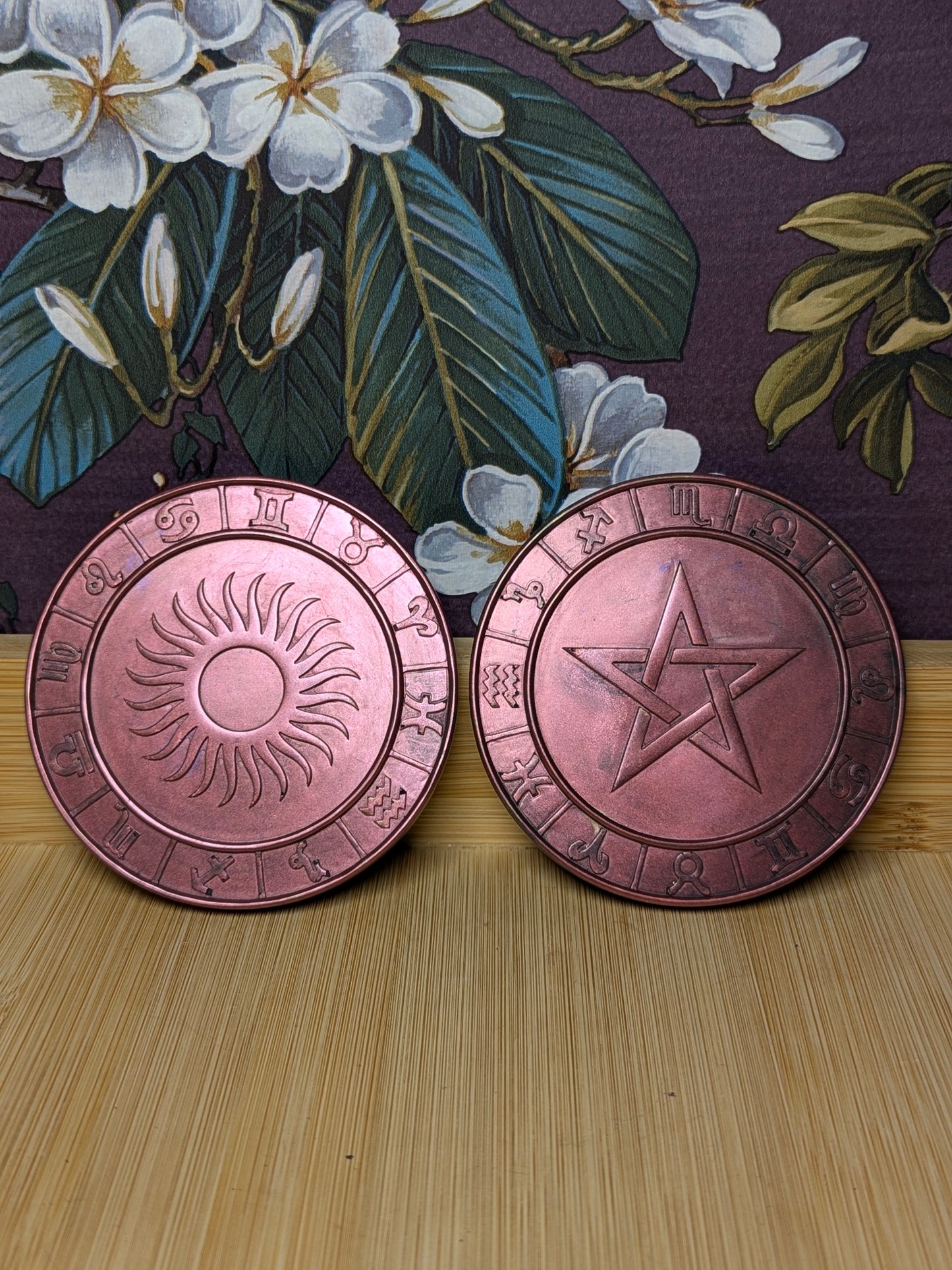 Sun & Pentagram Zodiac Coaster Set - Celestial Pair with 12 Zodiac Symbols Heat Resistant Finish 8.5cm Diameter Ideal for Altar Displays