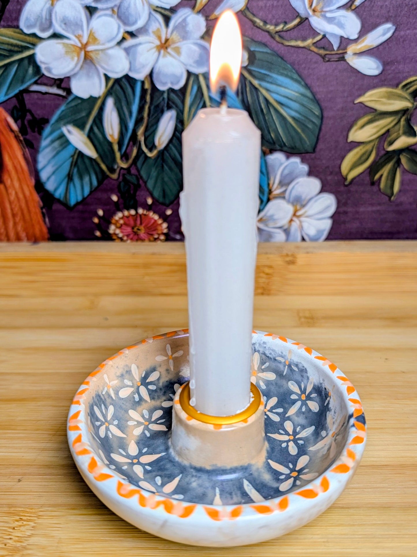 Folk Art Floral Ritual Candle Bowl Holder | Handmade Jesmonite Altar Candle Dish