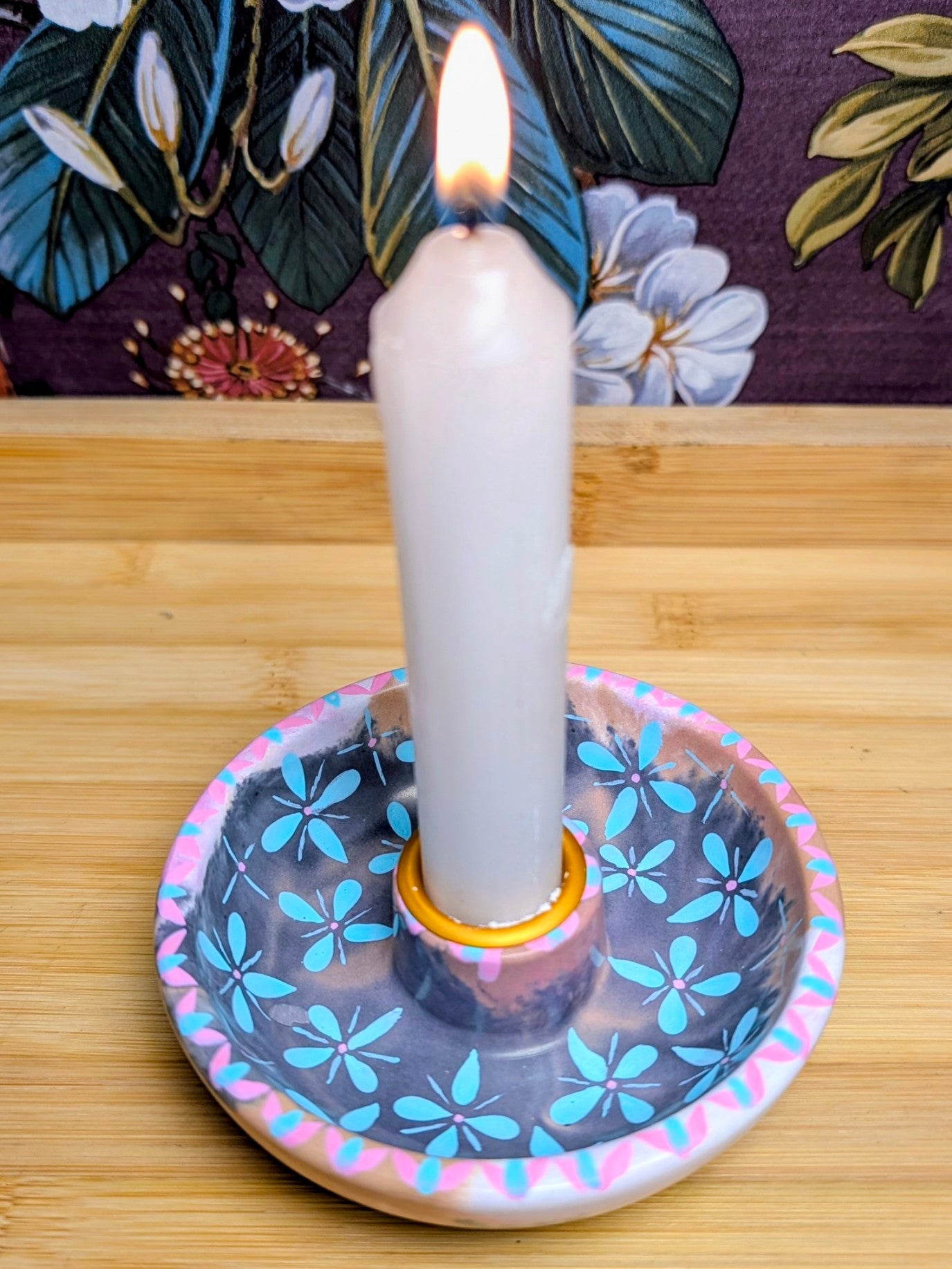 Folk Art Floral Ritual Candle Bowl Holder | Handmade Jesmonite Altar Candle Dish