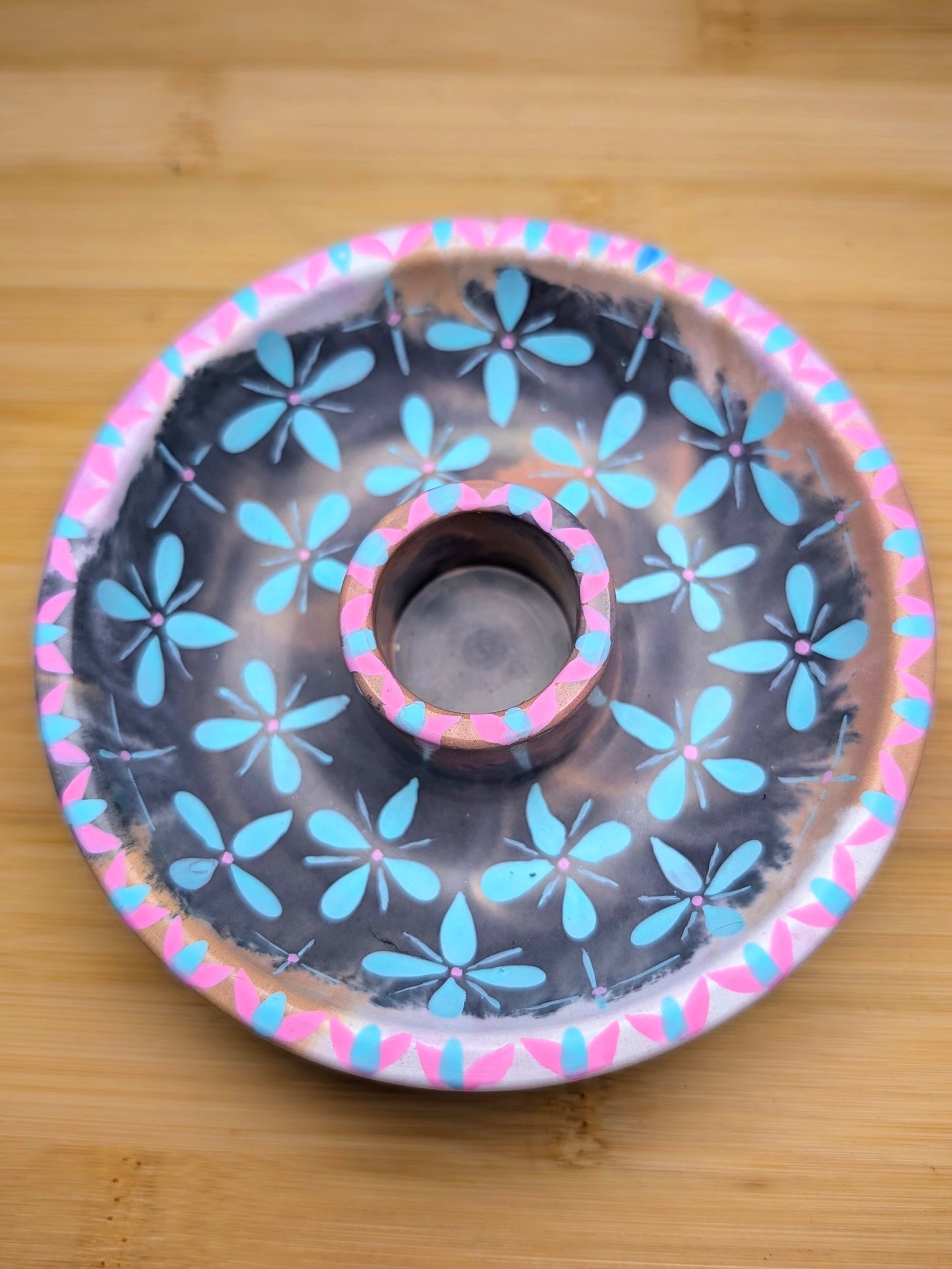 Folk Art Floral Ritual Candle Bowl Holder | Handmade Jesmonite Altar Candle Dish