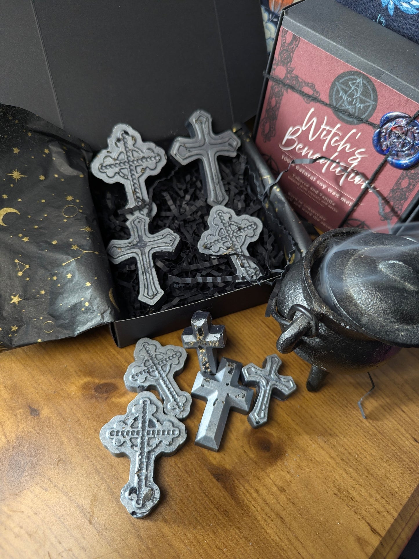 Witch's Benediction Wax Melts Gothic Cross Infused with Crystals Herbs Gift Set Includes Black Salt Selenite & Broom with Triple Goddess Charm Cleansing Set. Highly Scented with Tobakko & Vanilla