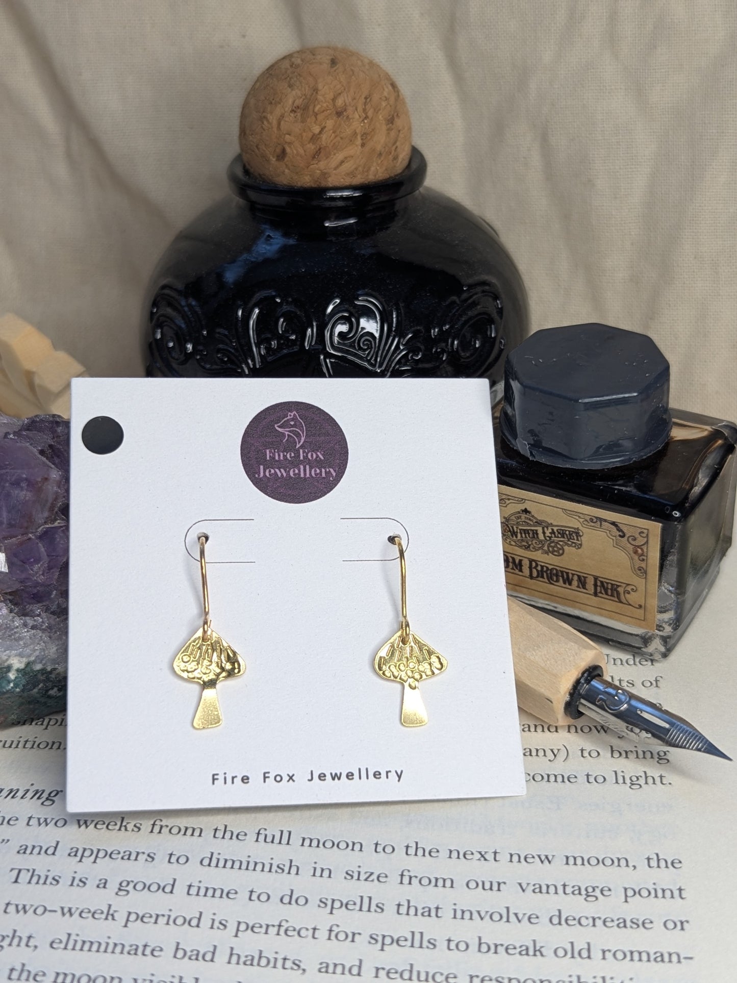 Gold Brass Mushroom Earrings: Hammered Parasol & Toadstool Design