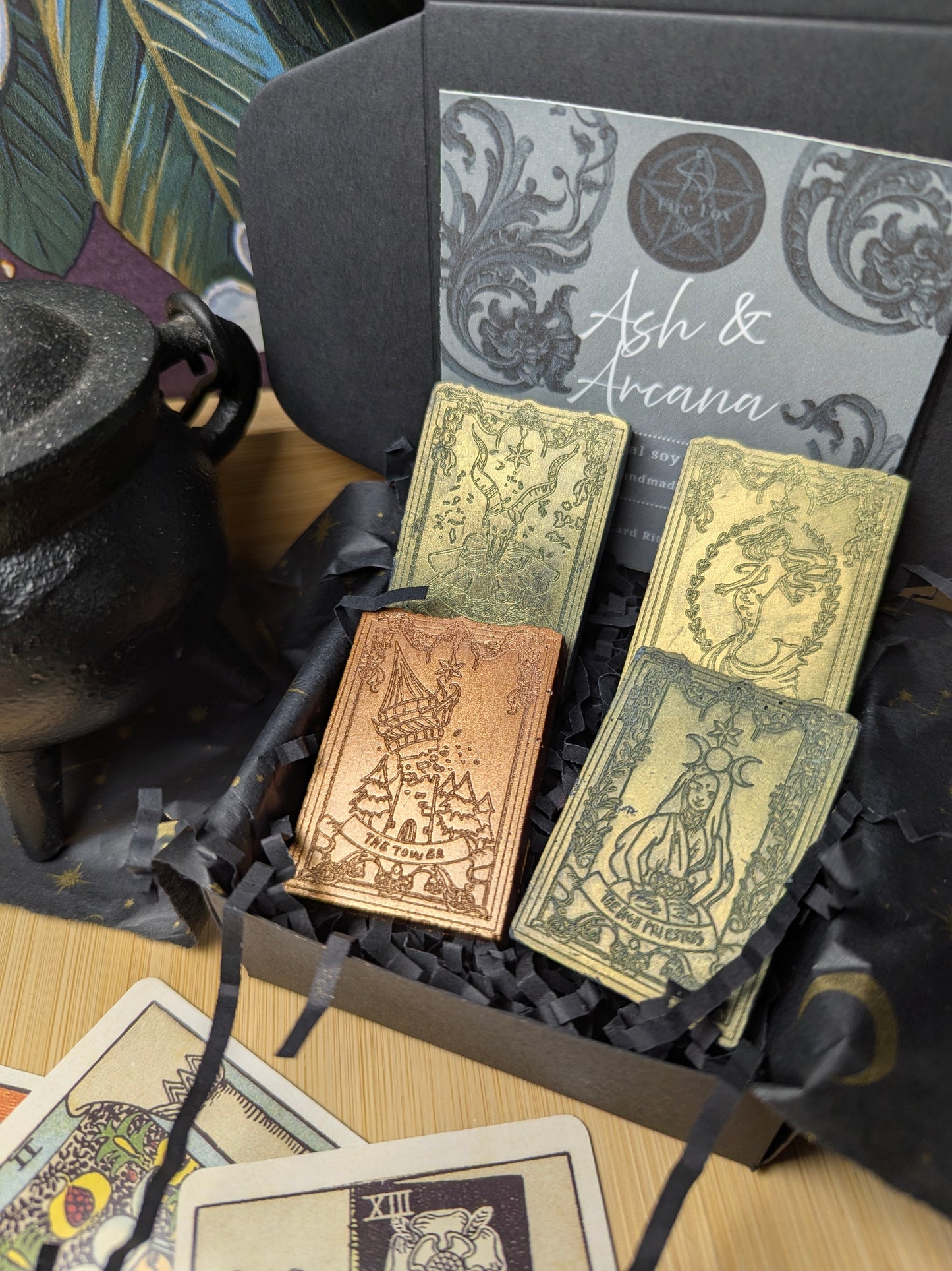 Ash & Arcana | Witchcraft Tarot Wax Melts. Highly Fragrance with Sandelwood and Amber. Includes one Bronze Limited Edition Jesmonite Tarot Card.
