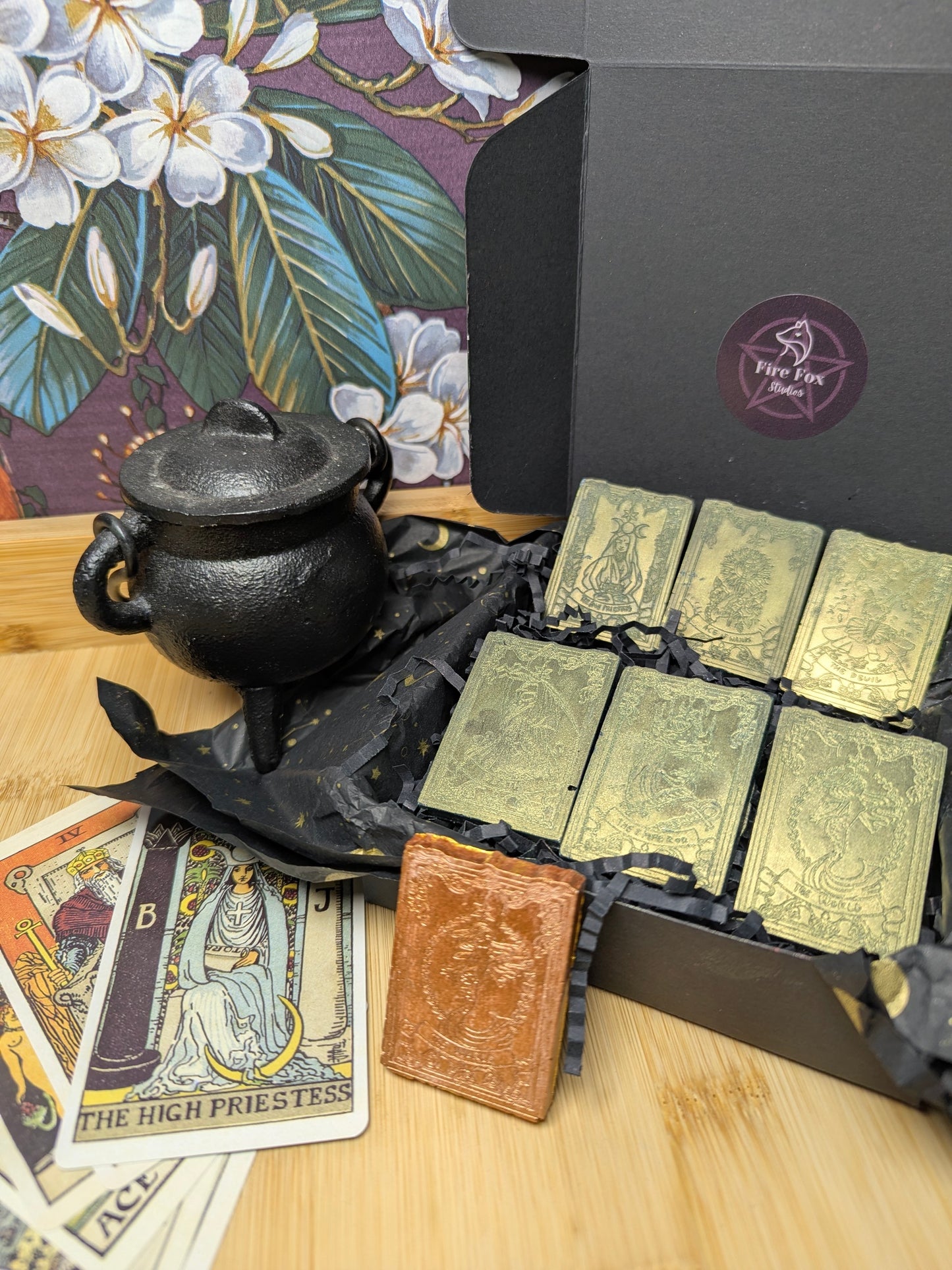 Ash & Arcana | Witchcraft Tarot Wax Melts. Highly Fragrance with Sandelwood and Amber. Includes one Bronze Limited Edition Jesmonite Tarot Card.