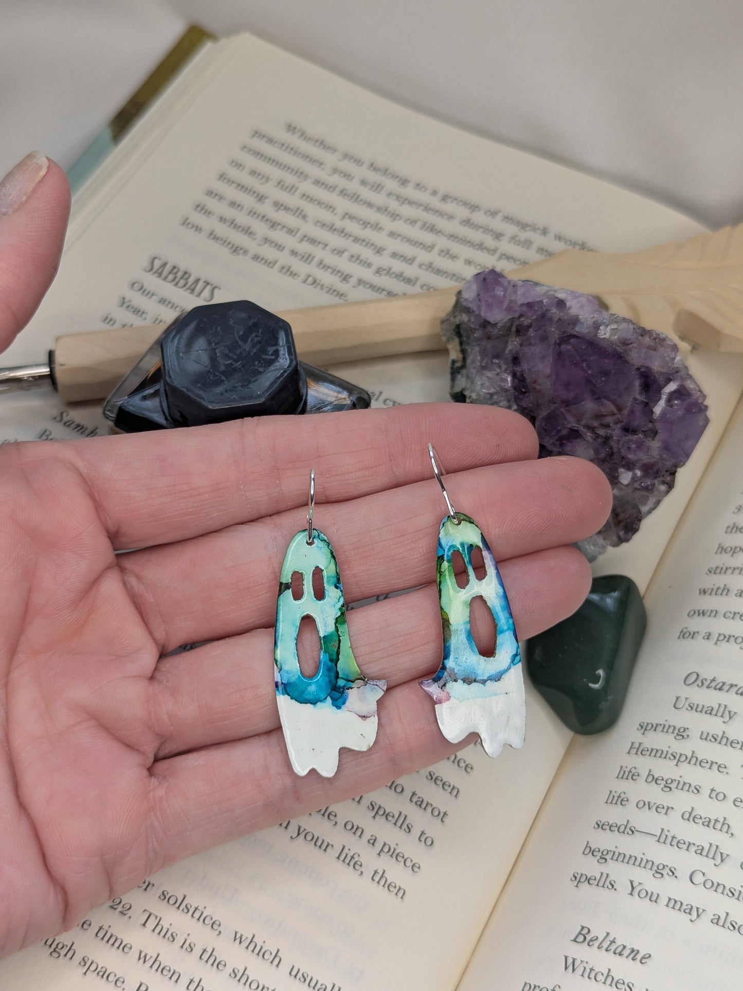 Enamel Ghost Earrings: Handmade Sterling Silver Hooks, Gothic Jewellery