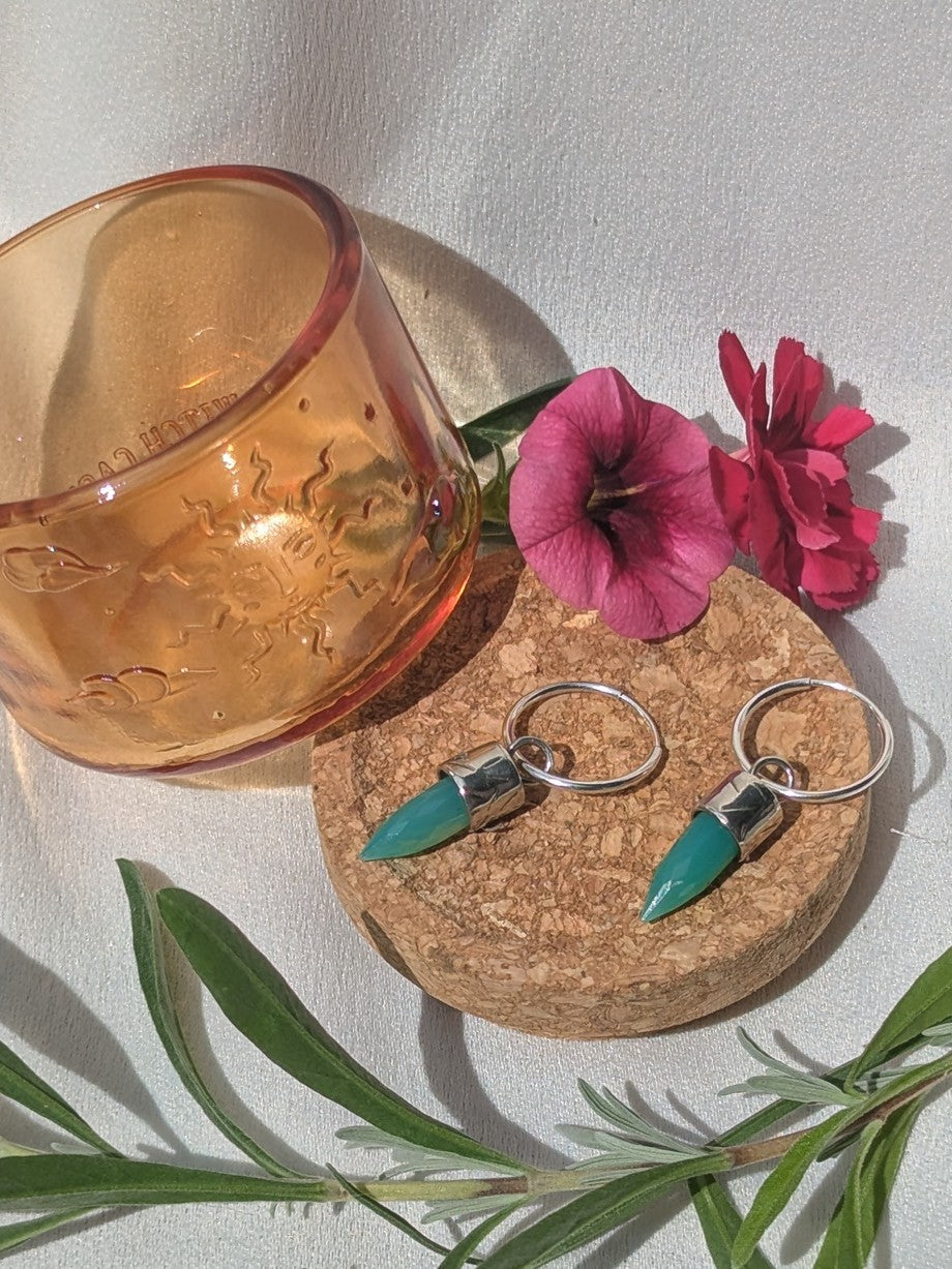 Chrysoprase Bullet Crystal Earrings — Sterling Silver Hoops for Heart-Centered Strength