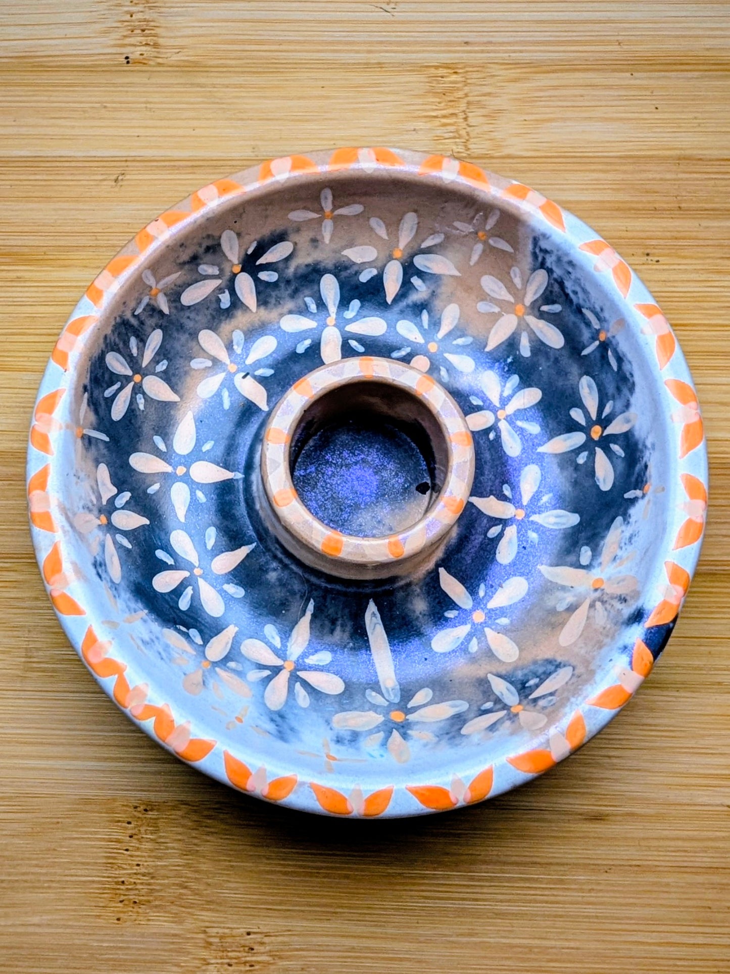 Folk Art Floral Ritual Candle Bowl Holder | Handmade Jesmonite Altar Candle Dish