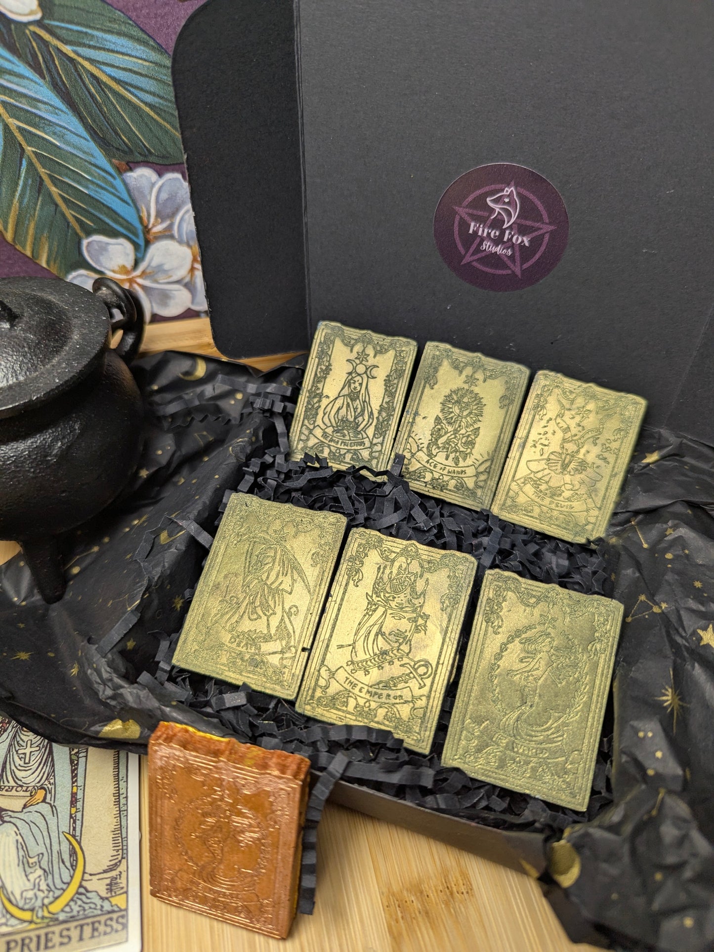 Ash & Arcana | Witchcraft Tarot Wax Melts. Highly Fragrance with Sandelwood and Amber. Includes one Bronze Limited Edition Jesmonite Tarot Card.