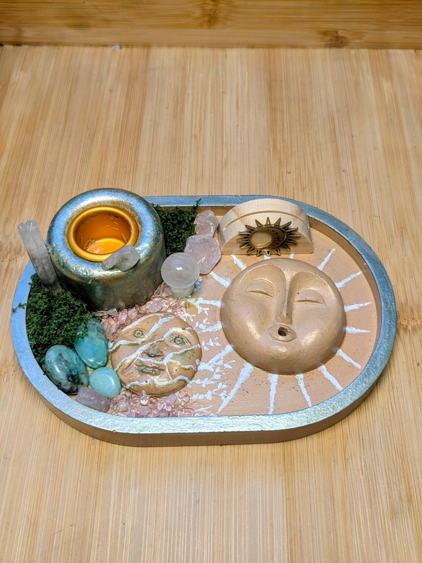 Mini Crystal Altar Tray Set – Incense Holder, Candle Holder, Tarot Stand & Crystals