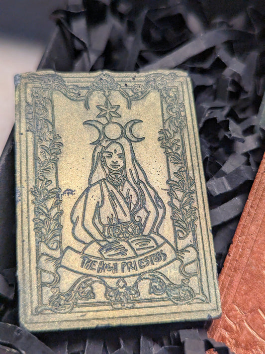 Ash & Arcana | Witchcraft Tarot Wax Melts. Highly Fragrance with Sandelwood and Amber. Includes one Bronze Limited Edition Jesmonite Tarot Card.