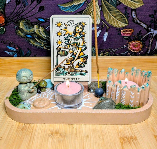 Zen Altar Tray, Tea light candle holders, incense stick holders and tarot card holder. Handcrafted terracotta jesmonite altar. Witchcraft Decor