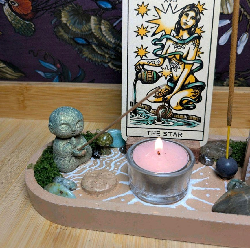 Zen Altar Tray, Tea light candle holders, incense stick holders and tarot card holder. Handcrafted terracotta jesmonite altar. Witchcraft Decor