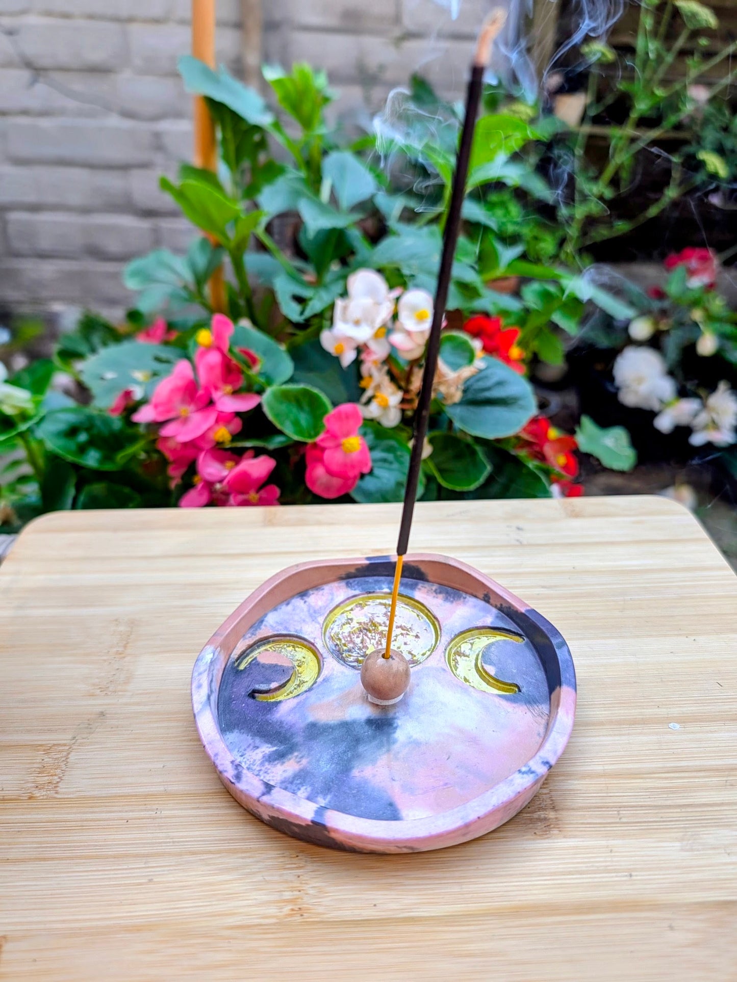 The Dusky Luna Collection Ritual Handmade Candle Holder Bowls in Pink Apricot and Gold with Scallop Designs