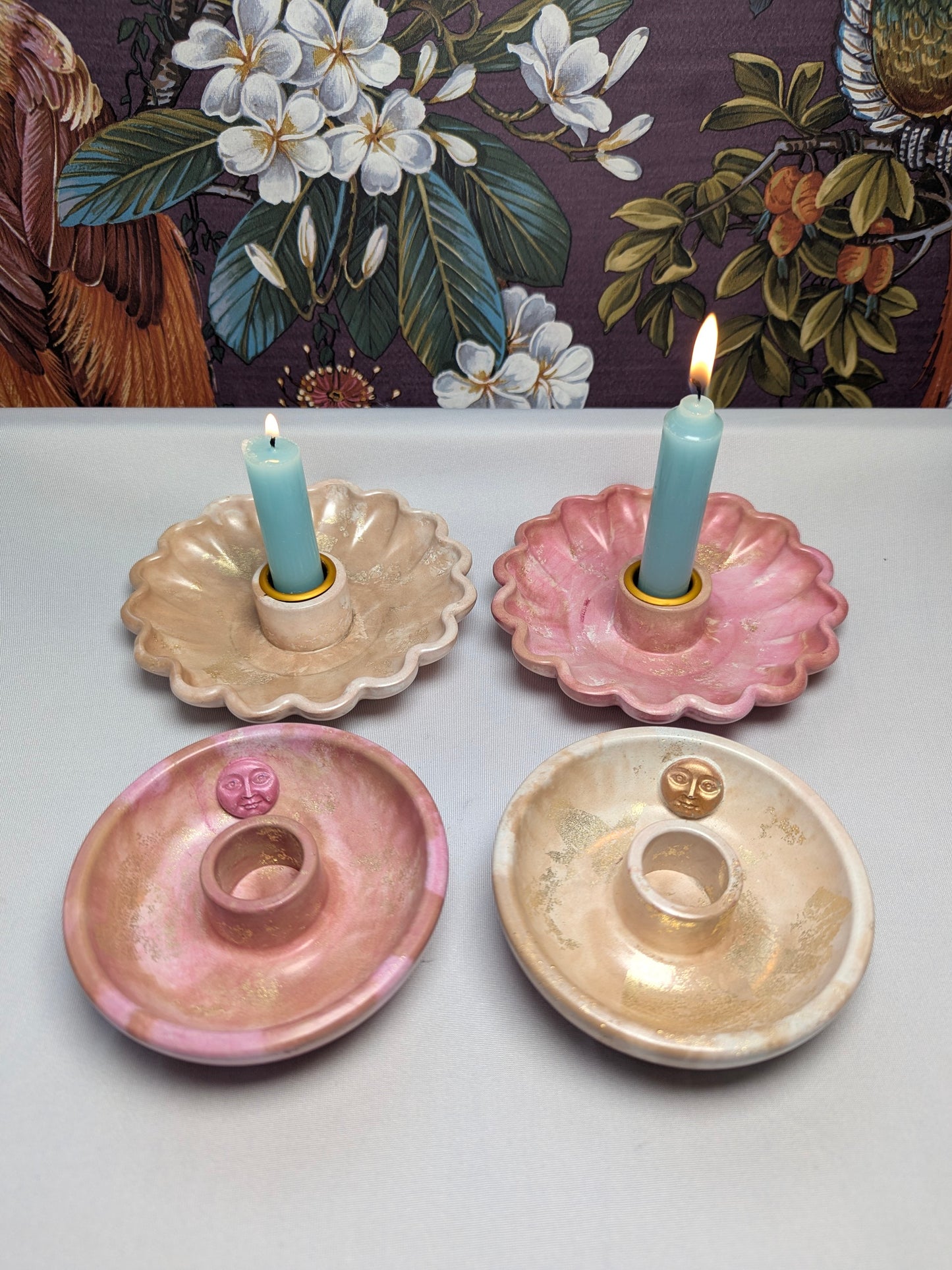The Dusky Luna Collection Ritual Handmade Candle Holder Bowls in Pink Apricot and Gold with Scallop Designs