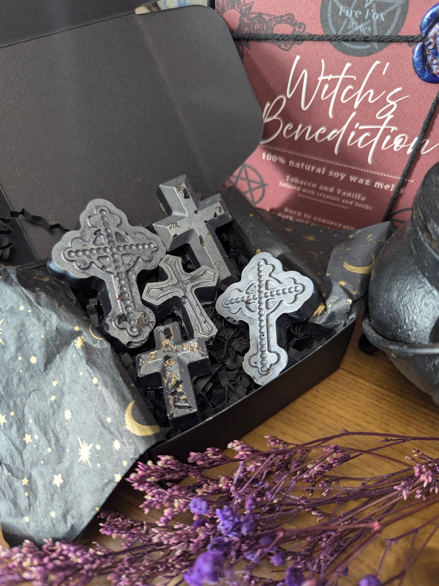 Witch's Benediction Wax Melts Gothic Cross Infused with Crystals Herbs Gift Set Includes Black Salt Selenite & Broom with Triple Goddess Charm Cleansing Set. Highly Scented with Tobakko & Vanilla