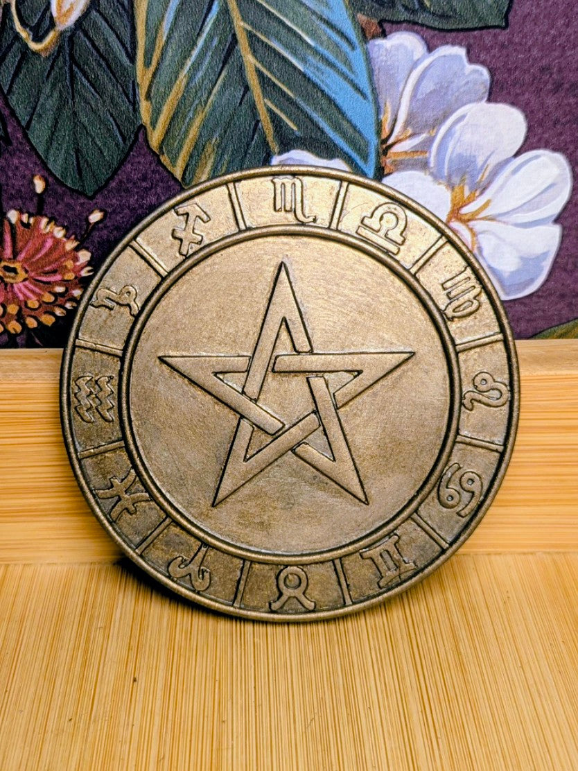 Sun & Pentagram Zodiac Coaster Set - Celestial Pair with 12 Zodiac Symbols Heat Resistant Finish 8.5cm Diameter Ideal for Altar Displays