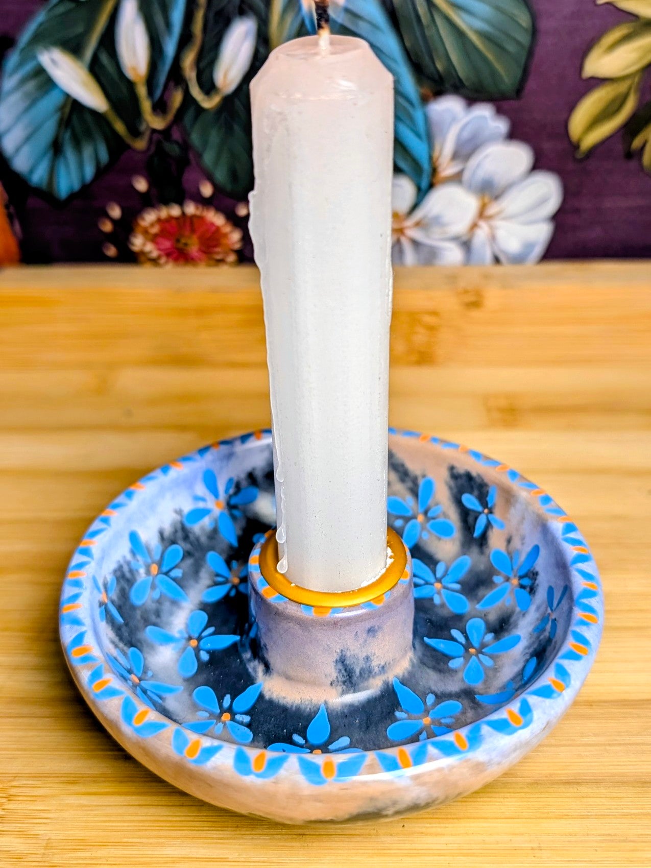 Folk Art Floral Ritual Candle Bowl Holder | Handmade Jesmonite Altar Candle Dish