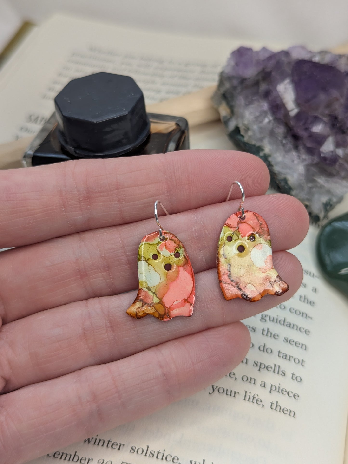 Enamel Ghost Earrings: Handmade Sterling Silver Hooks, Gothic Jewellery