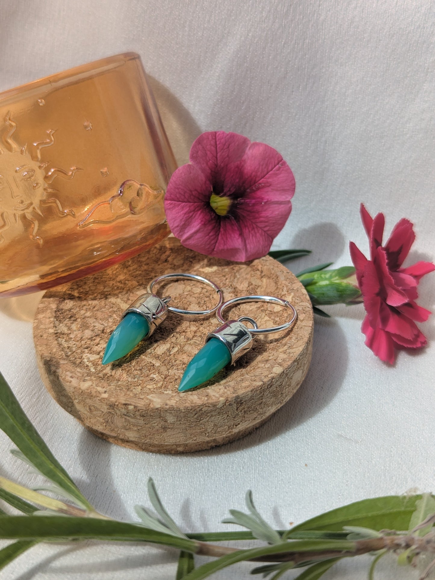 Chrysoprase Bullet Crystal Earrings — Sterling Silver Hoops for Heart-Centered Strength