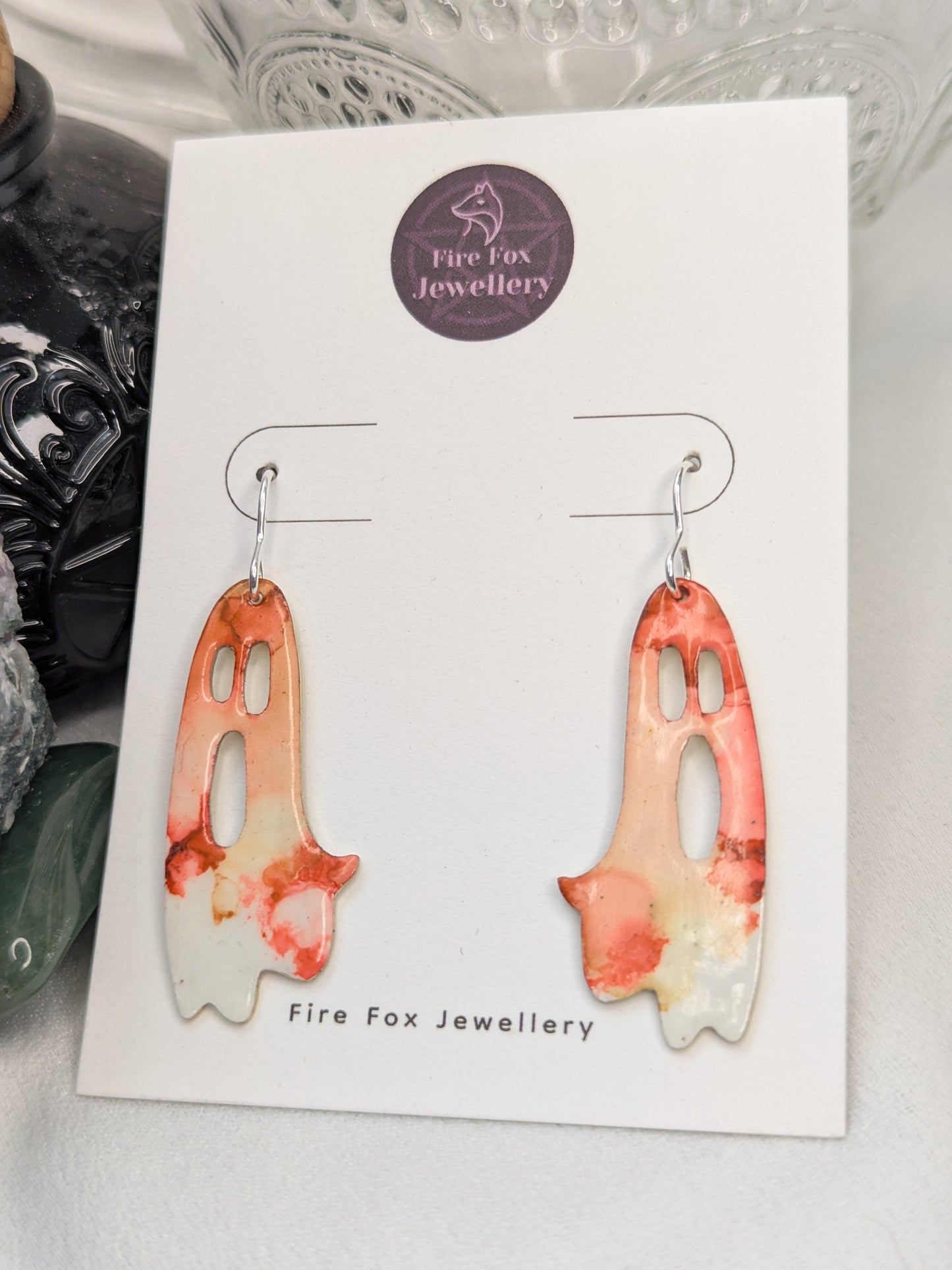 Enamel Ghost Earrings: Handmade Sterling Silver Hooks, Gothic Jewellery