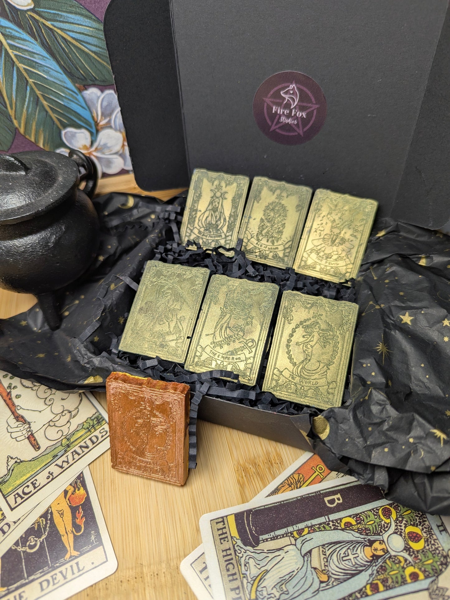 Ash & Arcana | Witchcraft Tarot Wax Melts. Highly Fragrance with Sandelwood and Amber. Includes one Bronze Limited Edition Jesmonite Tarot Card.