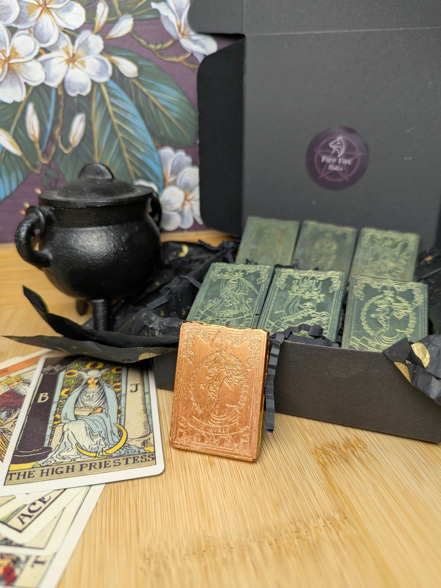 Ash & Arcana | Witchcraft Tarot Wax Melts. Highly Fragrance with Sandelwood and Amber. Includes one Bronze Limited Edition Jesmonite Tarot Card.