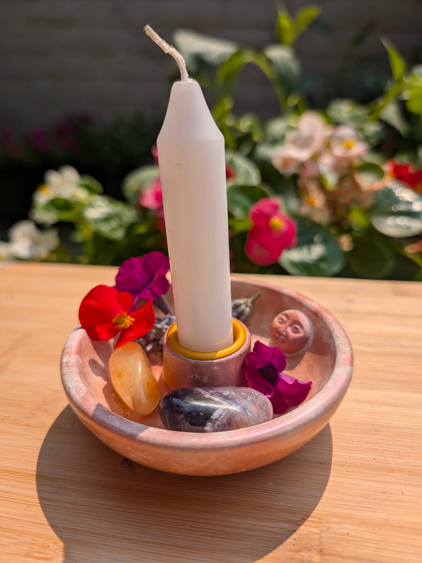 The Dusky Luna Collection Ritual Handmade Candle Holder Bowls in Pink Apricot and Gold with Scallop Designs