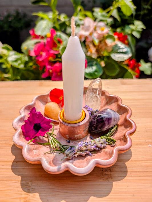 The Dusky Luna Collection Ritual Handmade Candle Holder Bowls in Pink Apricot and Gold with Scallop Designs