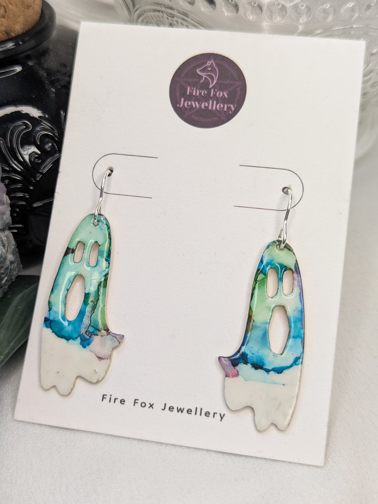 Enamel Ghost Earrings: Handmade Sterling Silver Hooks, Gothic Jewellery