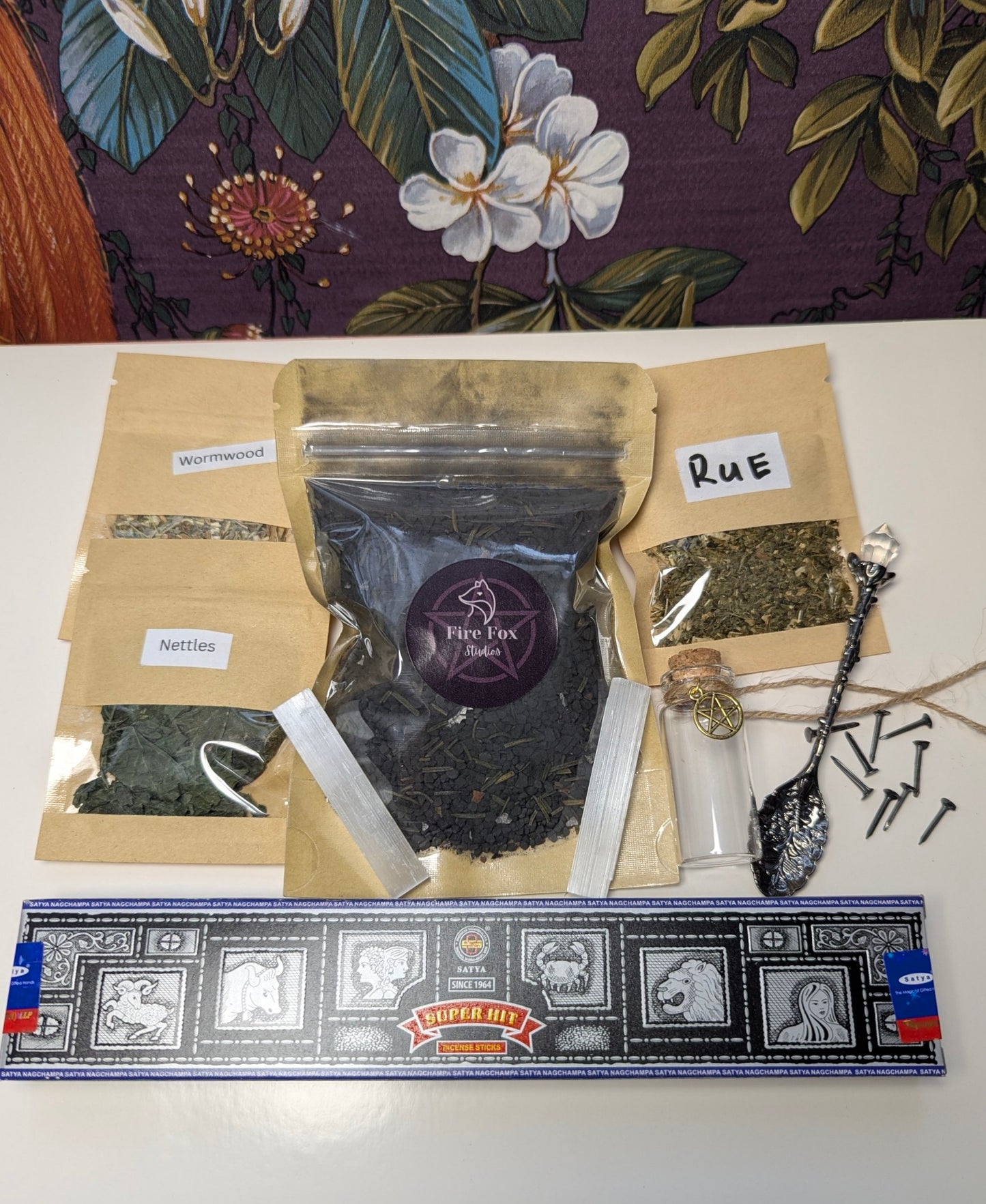 Fire Fox Witch’s Bottle Protection Kit – Black Salt & Iron Ritual Set. Including Incense Herbs Selenite Crystals Iron Nails Spoon and Spell Jar with Pentagram.
