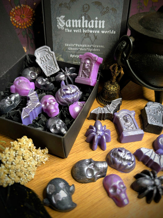 Halloween Samhain Wax Melts Spicy Pumpkin Gothic Witchy Fragrance with Ghosts Skulls & Bats for Samhain Rituals