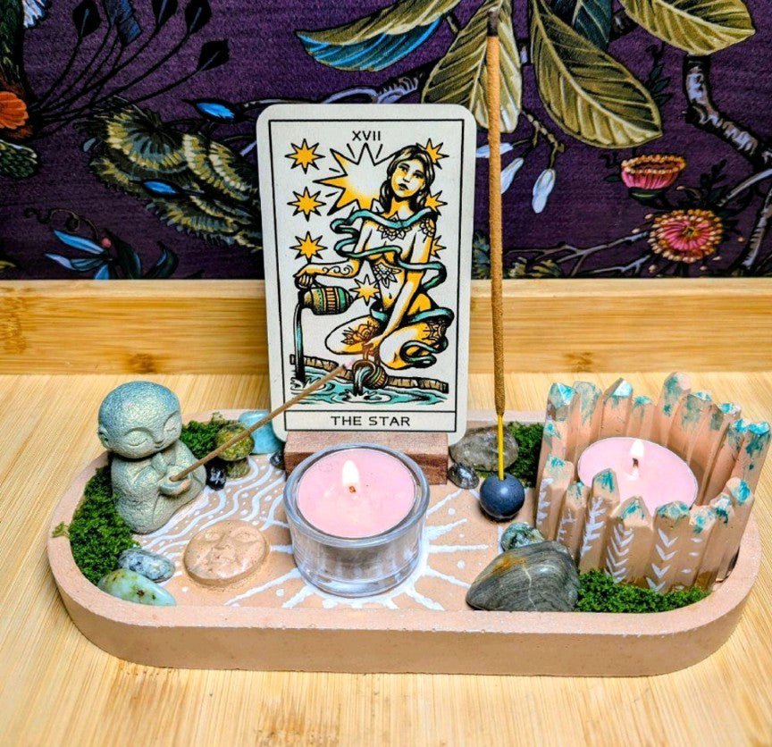 Zen Altar Tray, Tea light candle holders, incense stick holders and tarot card holder. Handcrafted terracotta jesmonite altar. Witchcraft Decor