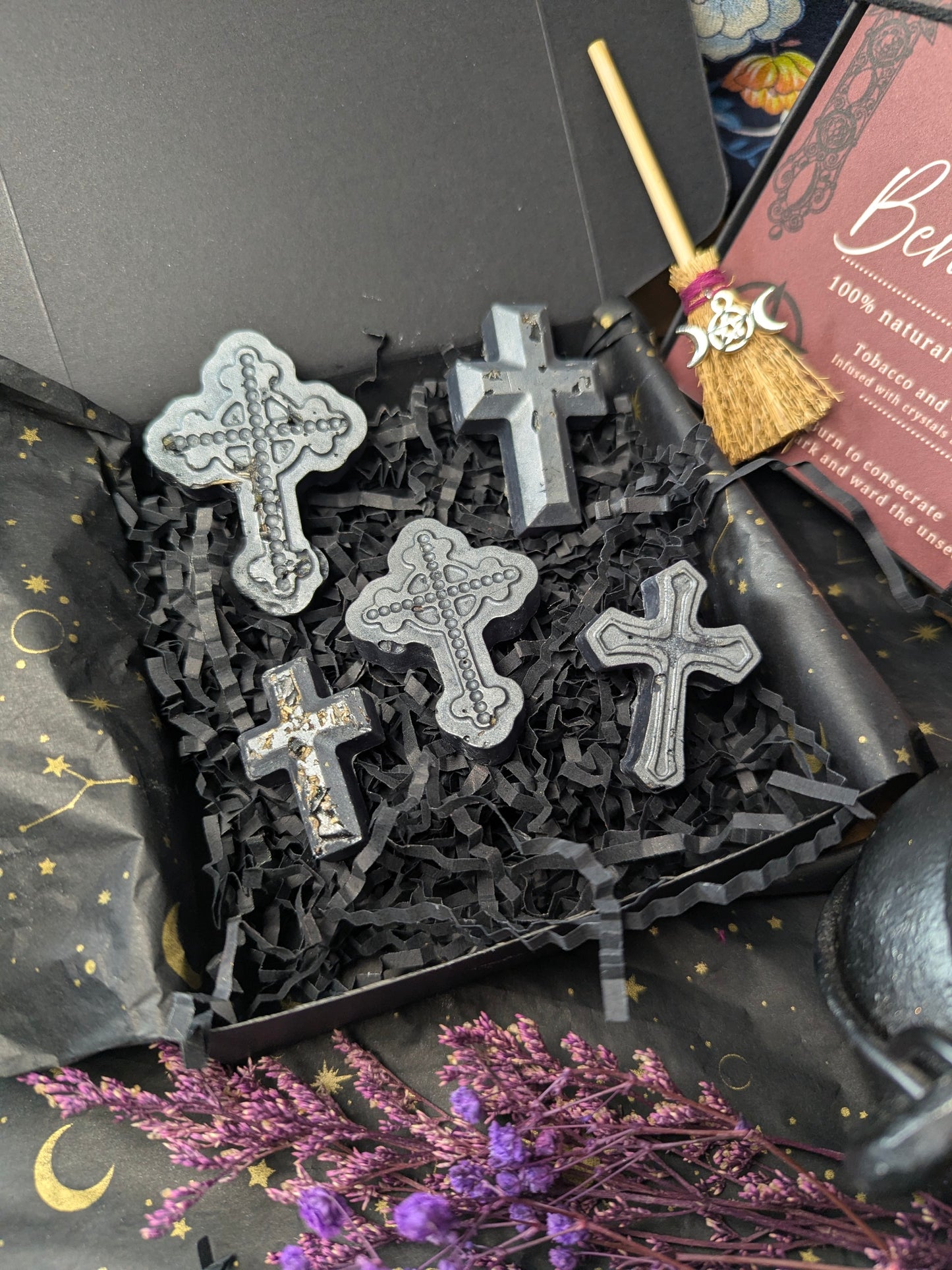 Witch's Benediction Wax Melts Gothic Cross Infused with Crystals Herbs Gift Set Includes Black Salt Selenite & Broom with Triple Goddess Charm Cleansing Set. Highly Scented with Tobakko & Vanilla