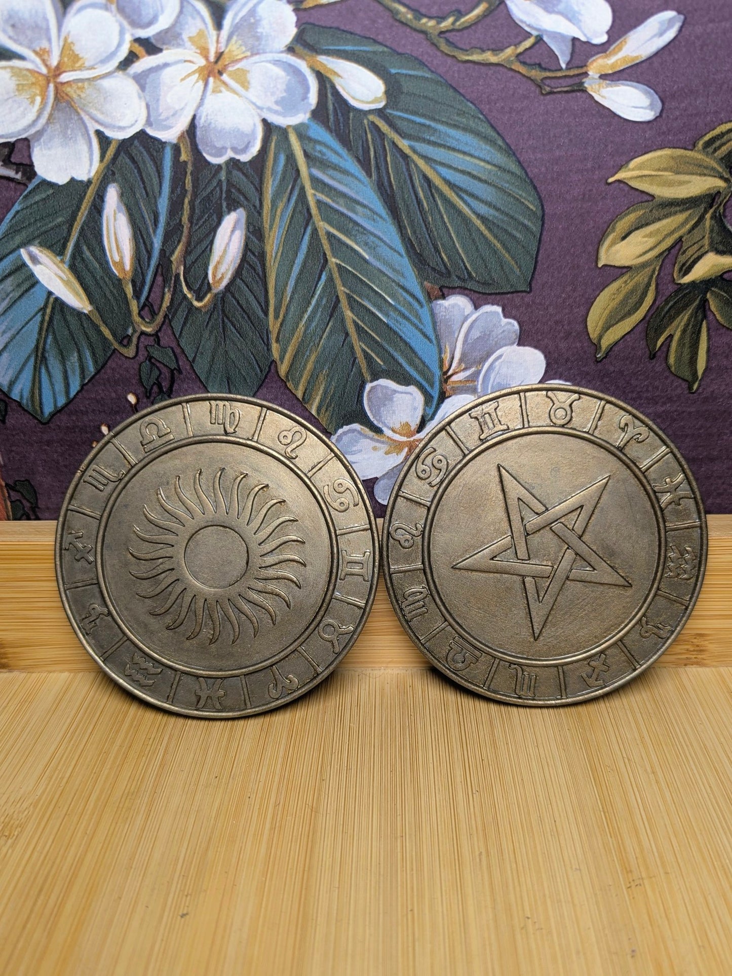 Sun & Pentagram Zodiac Coaster Set - Celestial Pair with 12 Zodiac Symbols Heat Resistant Finish 8.5cm Diameter Ideal for Altar Displays