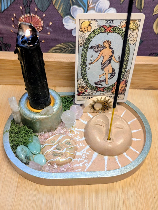 Mini Crystal Altar Tray Set – Incense Holder, Candle Holder, Tarot Stand & Crystals