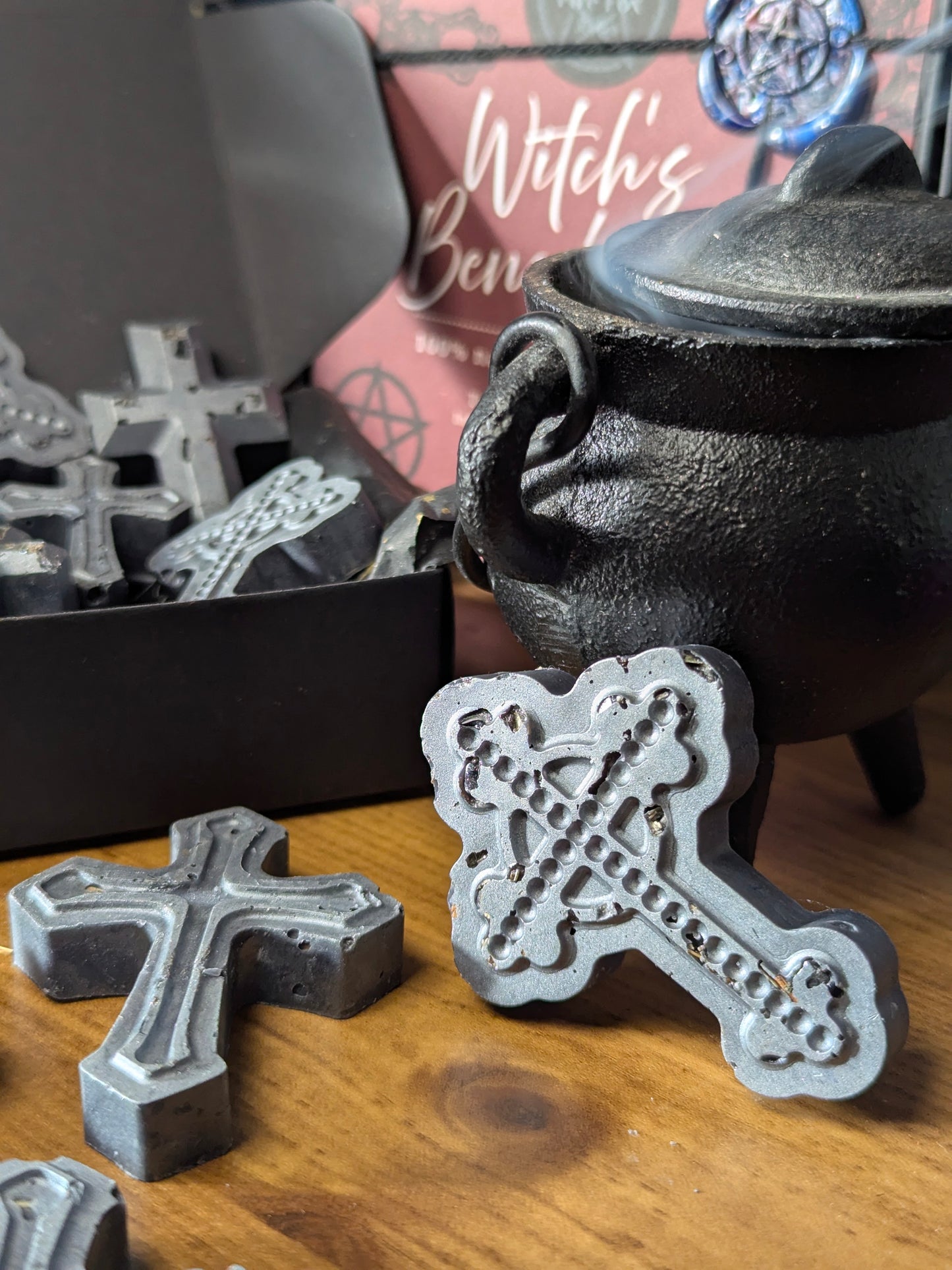 Witch's Benediction Wax Melts Gothic Cross Infused with Crystals Herbs Gift Set Includes Black Salt Selenite & Broom with Triple Goddess Charm Cleansing Set. Highly Scented with Tobakko & Vanilla