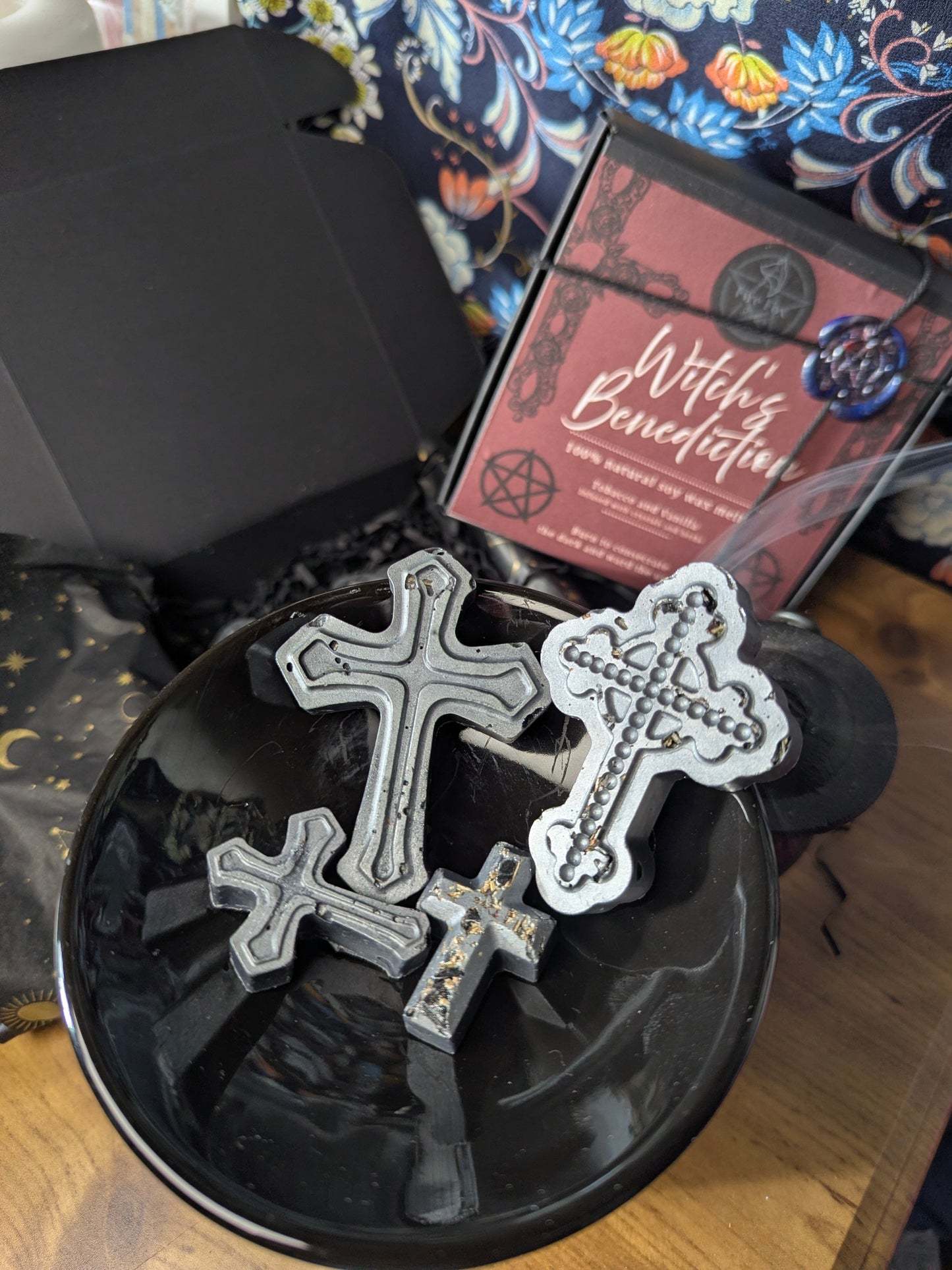 Witch's Benediction Wax Melts Gothic Cross Infused with Crystals Herbs Gift Set Includes Black Salt Selenite & Broom with Triple Goddess Charm Cleansing Set. Highly Scented with Tobakko & Vanilla