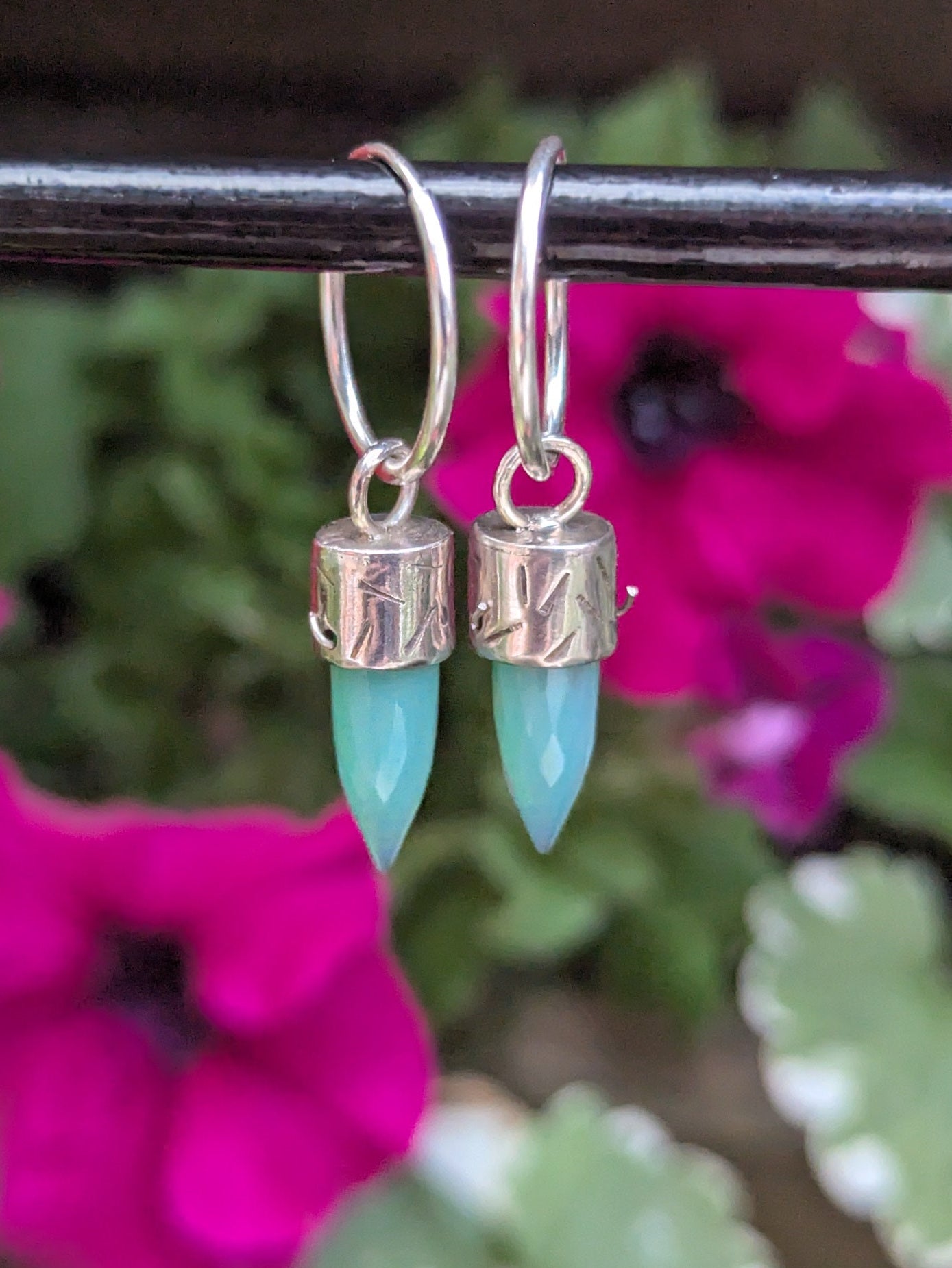 Chrysoprase Bullet Crystal Earrings — Sterling Silver Hoops for Heart-Centered Strength