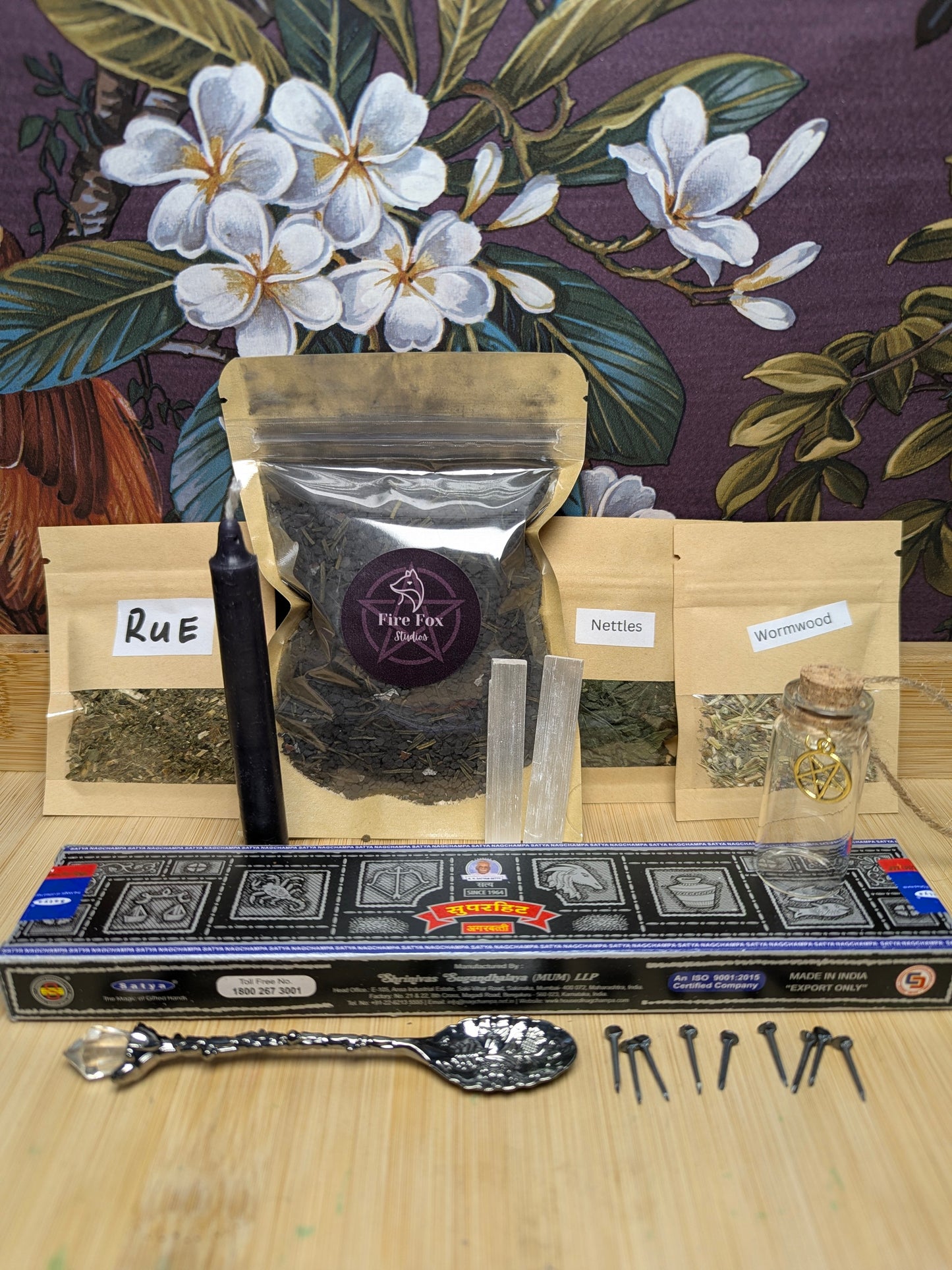 Fire Fox Witch’s Bottle Protection Kit – Black Salt & Iron Ritual Set. Including Incense Herbs Selenite Crystals Iron Nails Spoon and Spell Jar with Pentagram.