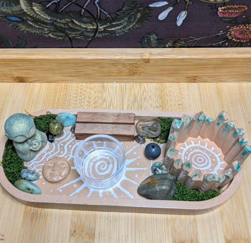Zen Altar Tray, Tea light candle holders, incense stick holders and tarot card holder. Handcrafted terracotta jesmonite altar. Witchcraft Decor