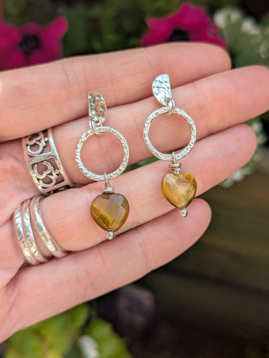 Tiger’s Eye Heart Earrings — Abundance, Strength & Balance from Silver Moons Studs.
