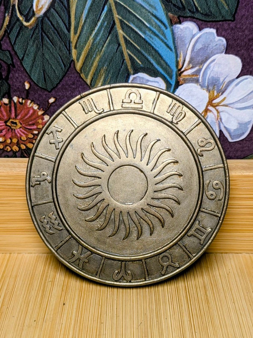 Sun & Pentagram Zodiac Coaster Set - Celestial Pair with 12 Zodiac Symbols Heat Resistant Finish 8.5cm Diameter Ideal for Altar Displays