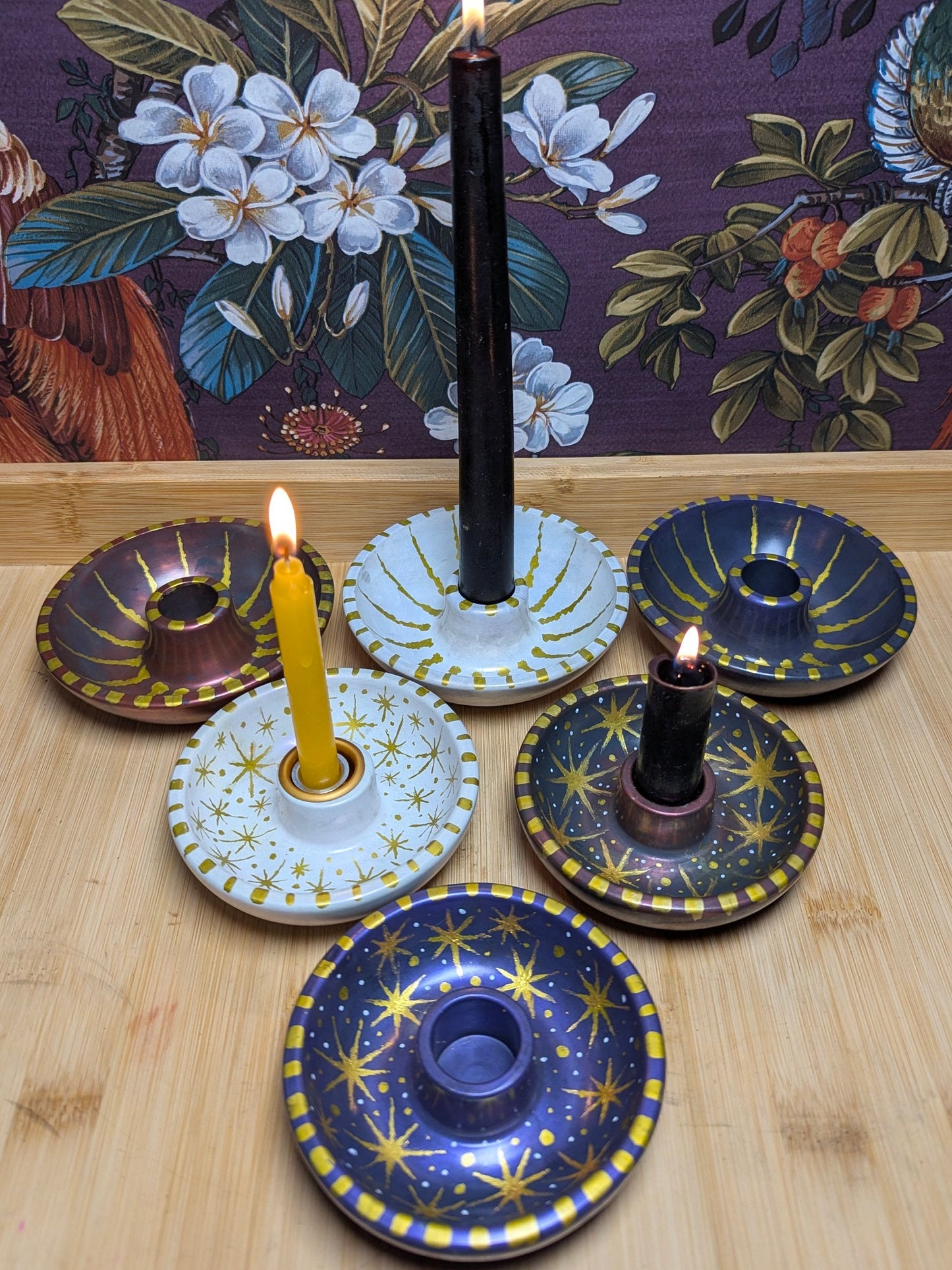 Celestial Handcrafted Ritual Candle Bowls with Gold Accents Unique Design for Spiritual Practices Hand Painted Cast from Jesmonite