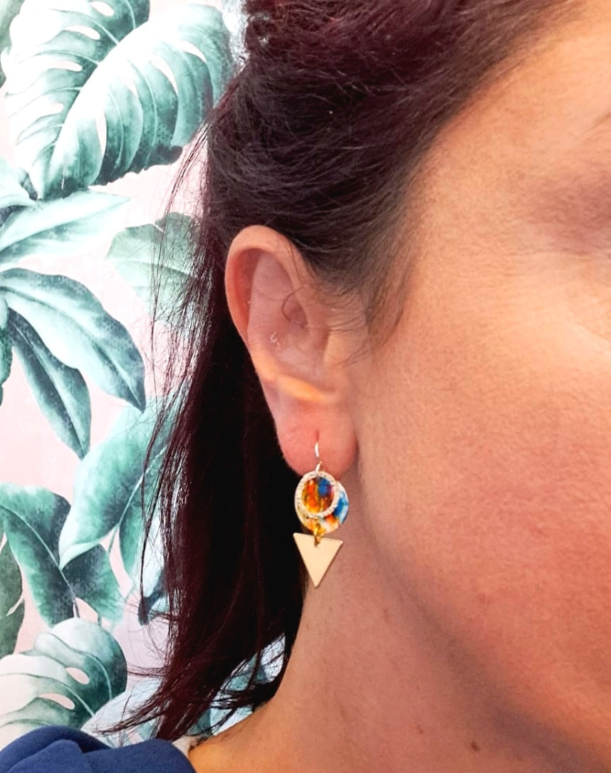 'Colour pop' Silver, brass and enamel earrings.