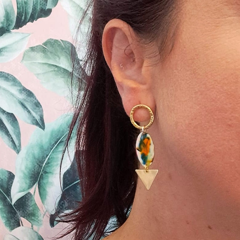 'Colour pop' Drop earrings with texture brass circle and gold plated triangle.
