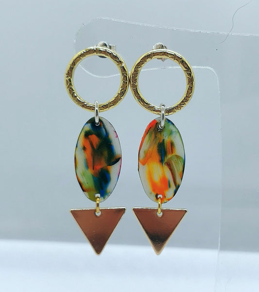 'Colour pop' Drop earrings with texture brass circle and gold plated triangle.
