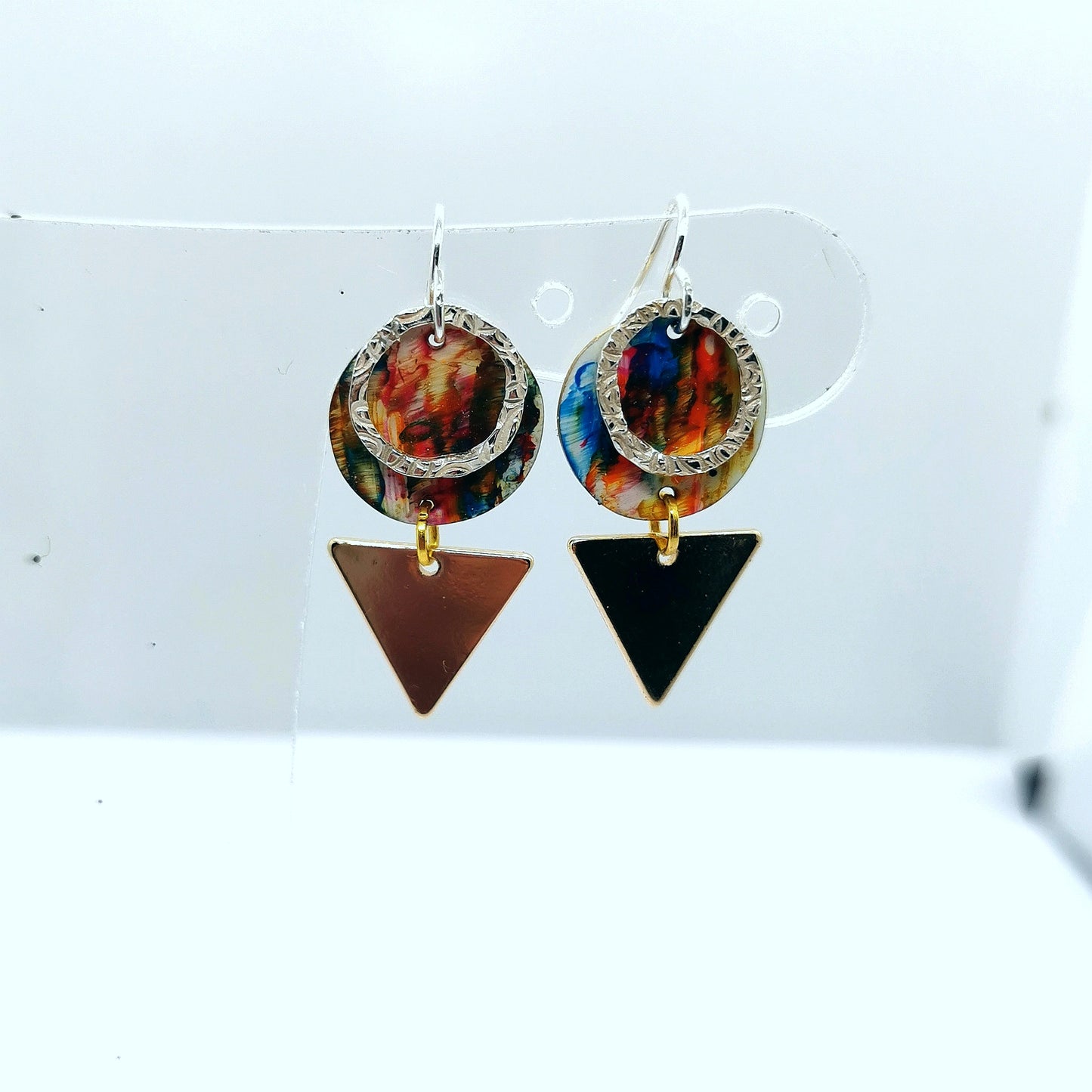 'Colour pop' Silver, brass and enamel earrings.