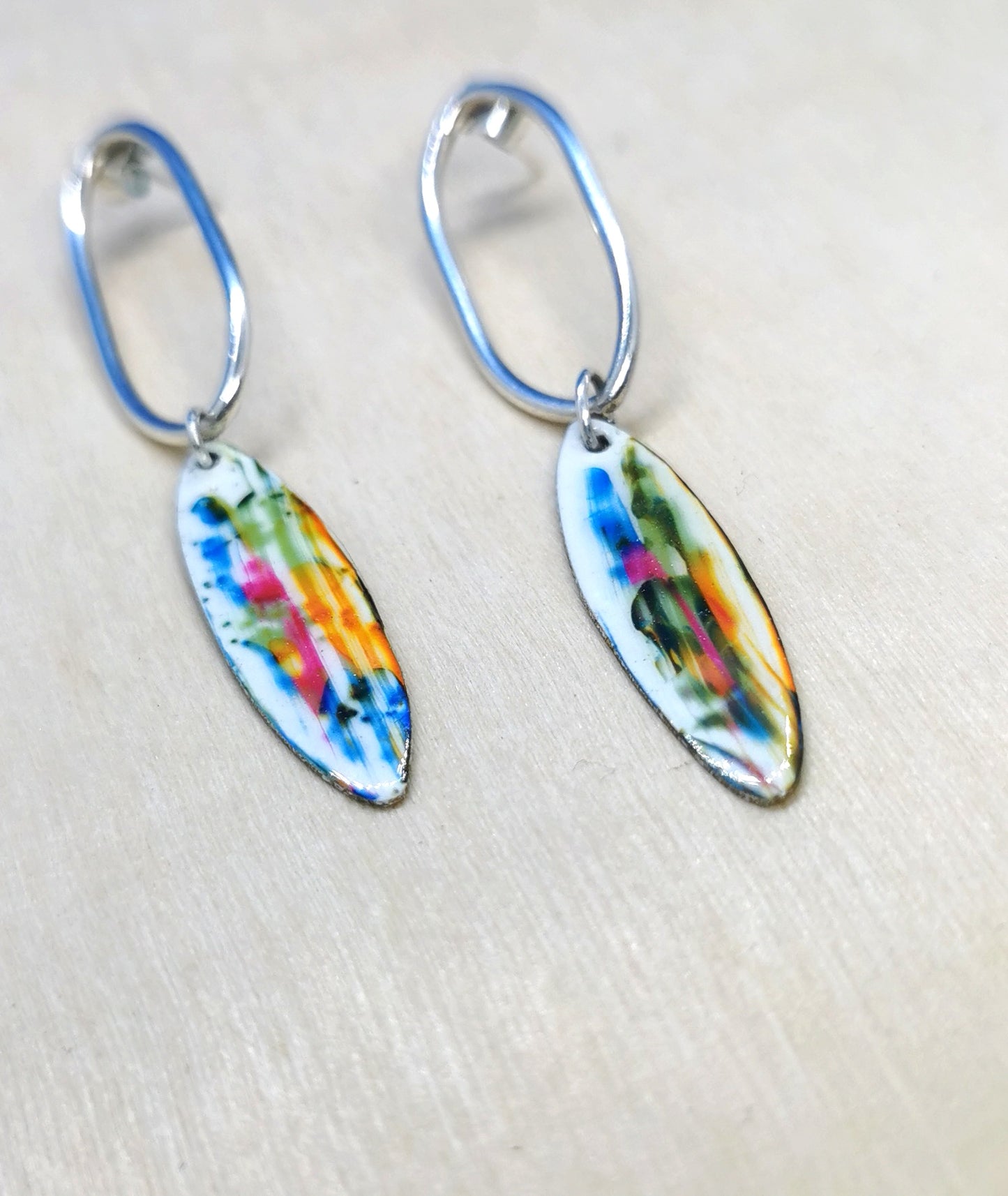 'Colour Pop' Silver and enamel brass earrings.